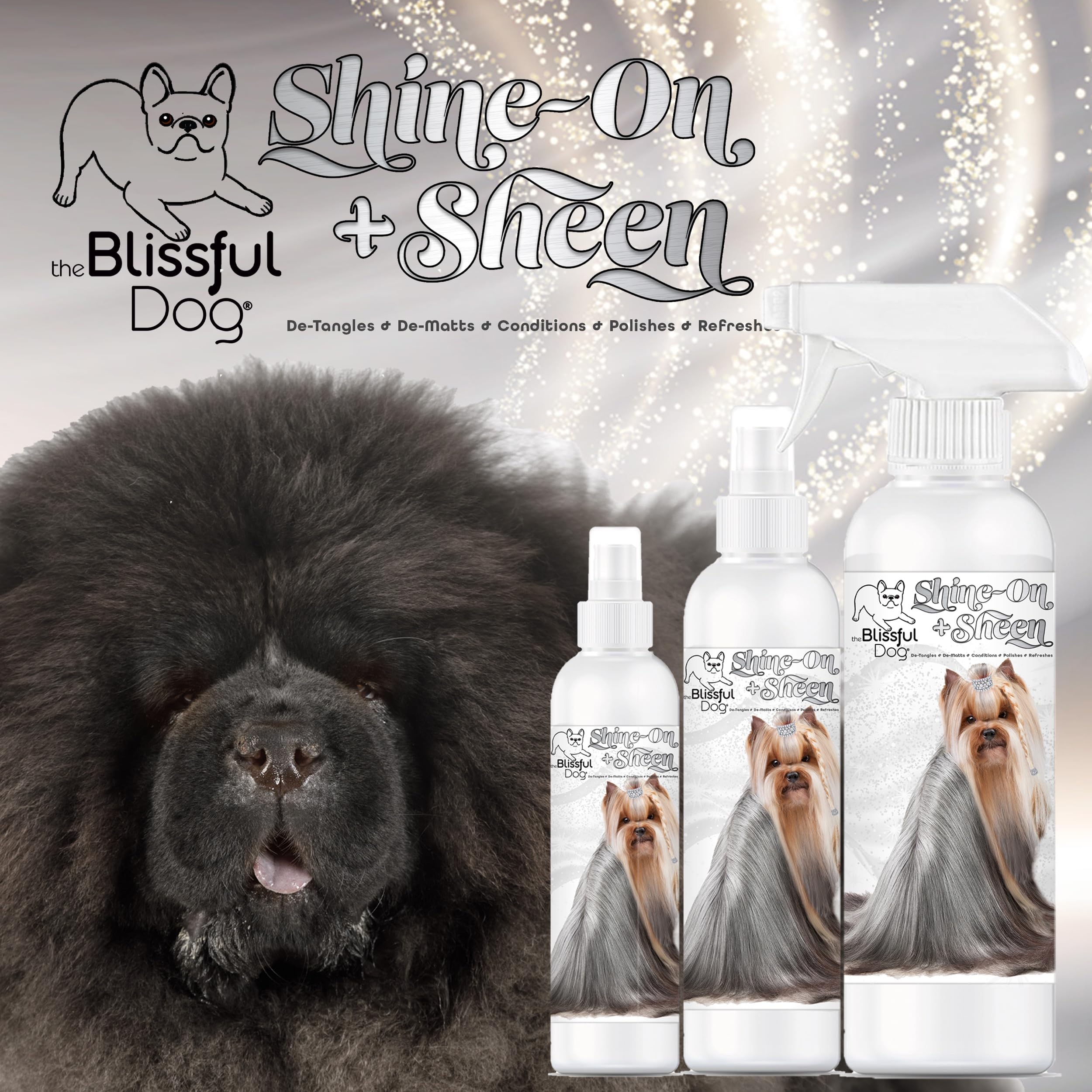 The Blissful Dog Shine-On Sheen coat spray leaves a glossy finish.