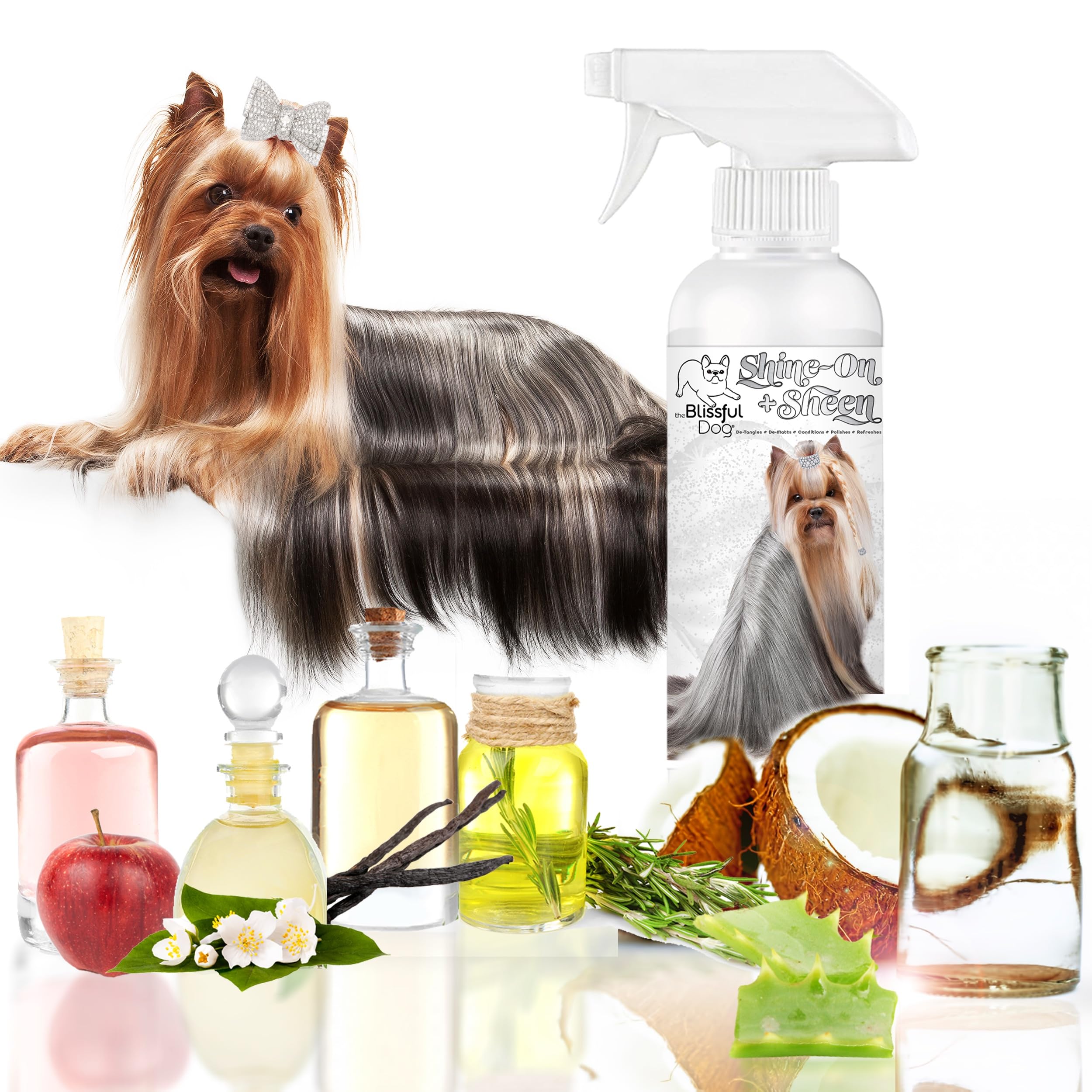 The Blissful Dog Shine-On Sheen spray application enables quick detangling.