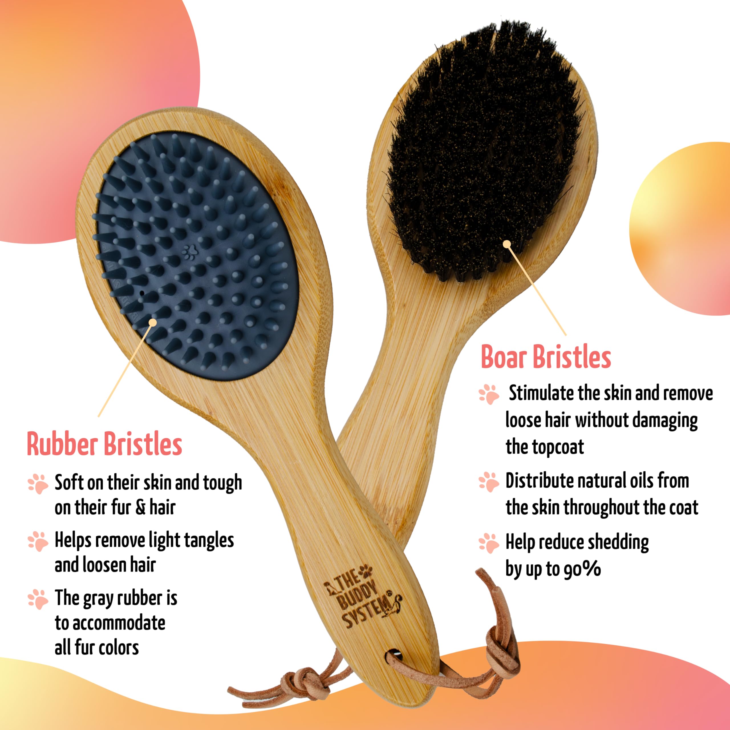 The Buddy System combo brush after-bath use highlights gentle rubber bristles on fur.