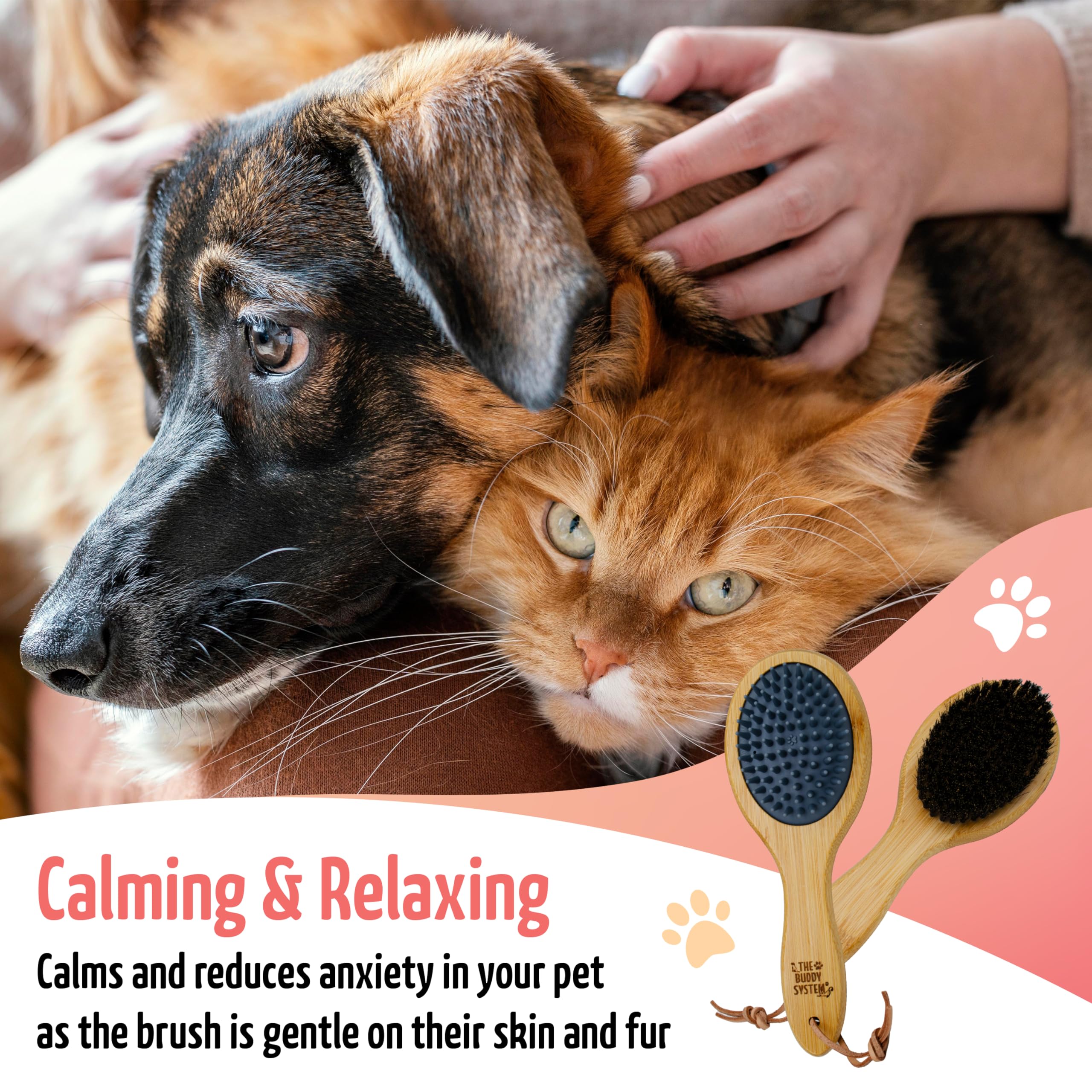 The Buddy System combo brush being used on a pet's coat, suitable for all fur lengths.