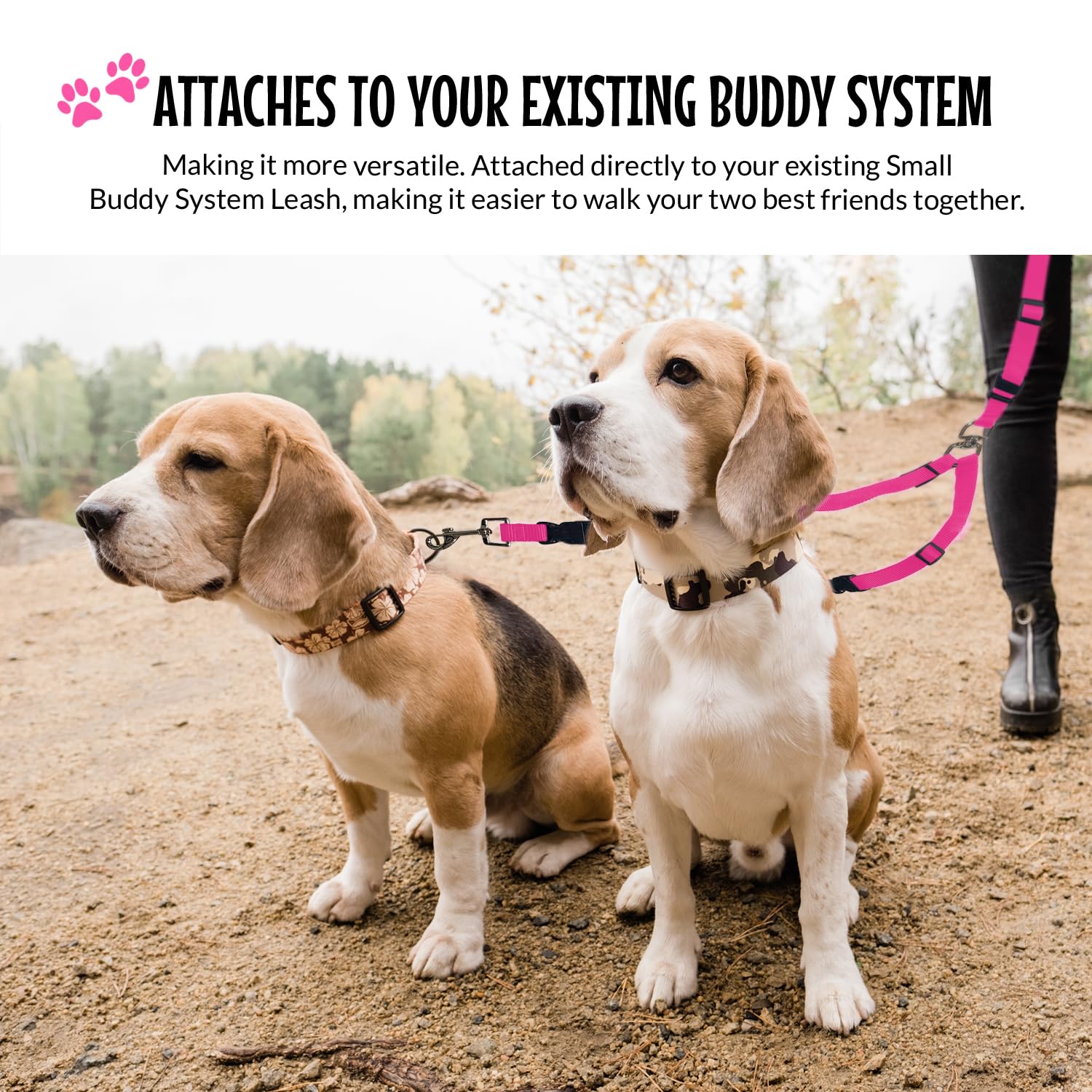 The Buddy System Double Buddy Small Pink two-dogs-walking attachment enables effortless hands-free strolls.
