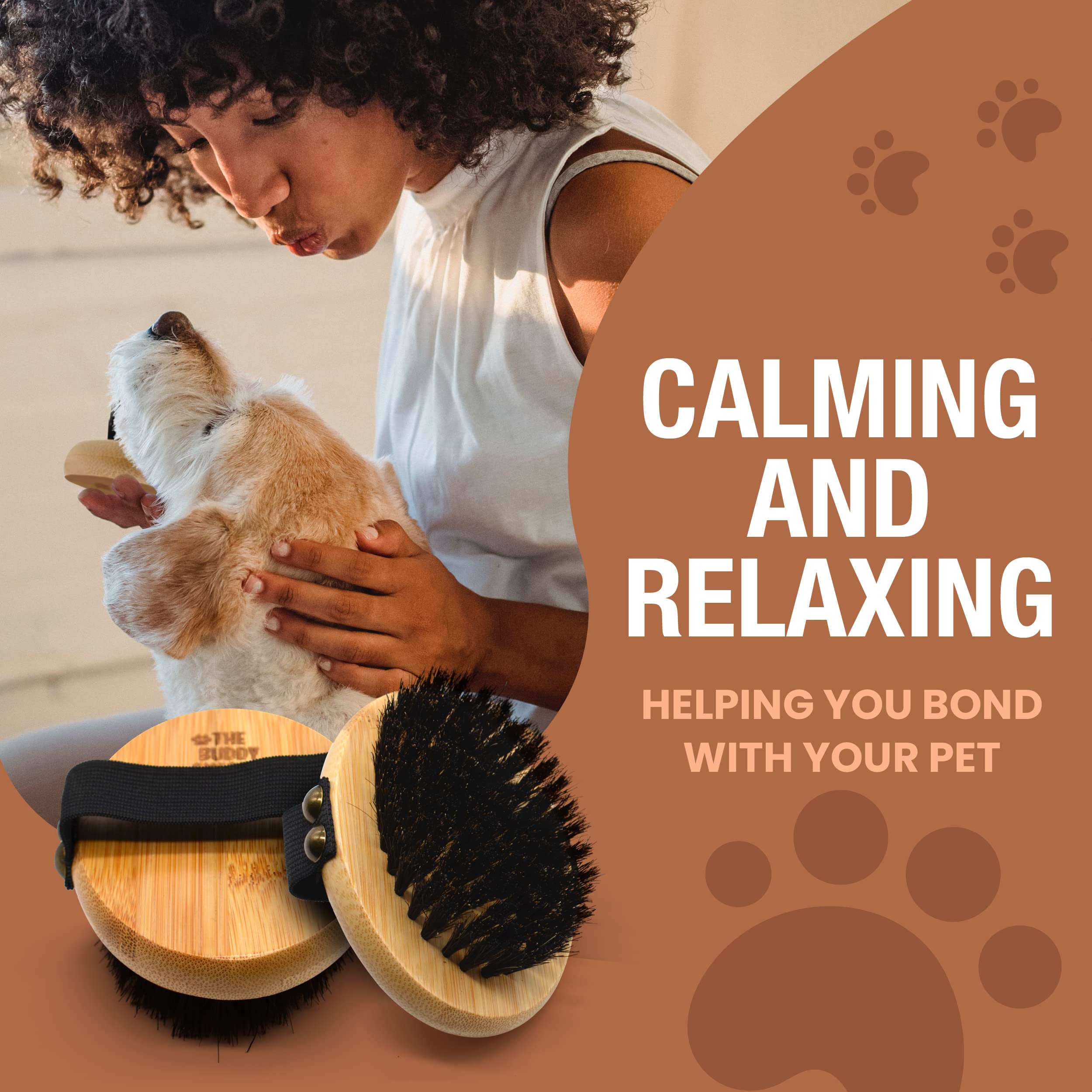 The Buddy System Pet Close Brush shown during a calm dog grooming session.