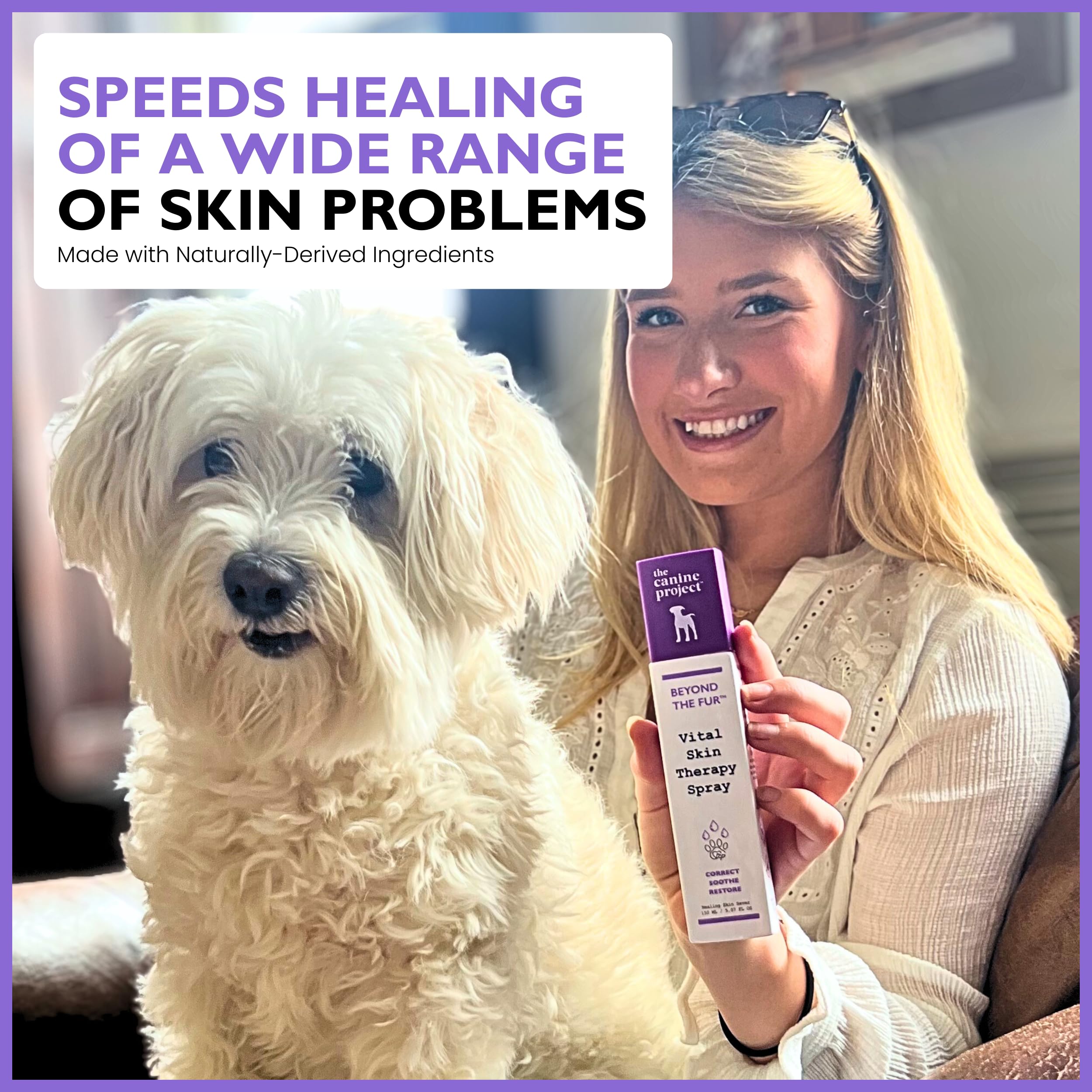 The Canine Project Vital Skin Therapy Spray near ears and face for gentle application