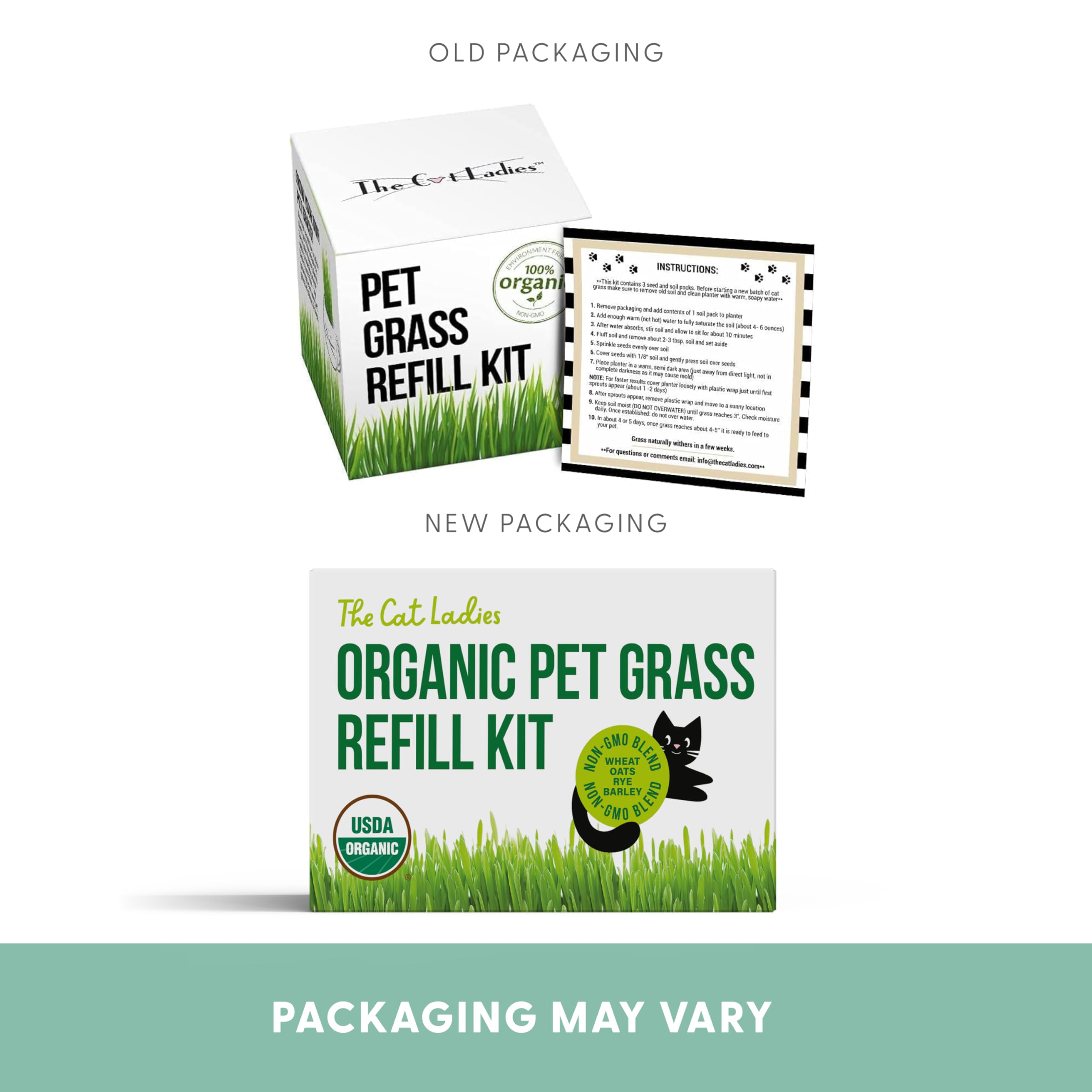 The Cat Ladies DIY setup image shows a quick, low-effort cat grass project.