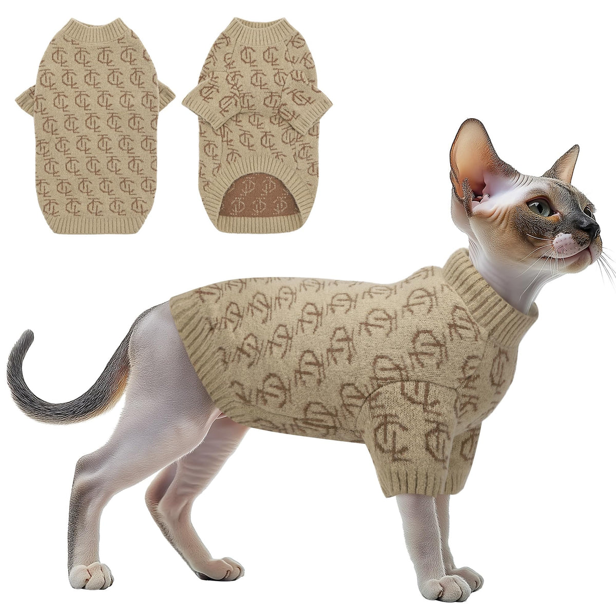 The Cat Ladies monogram cat sweater front view highlights warm, snug fit