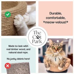The Cat Park Da Bowl solid wood base detail demonstrates sturdy, stable support.