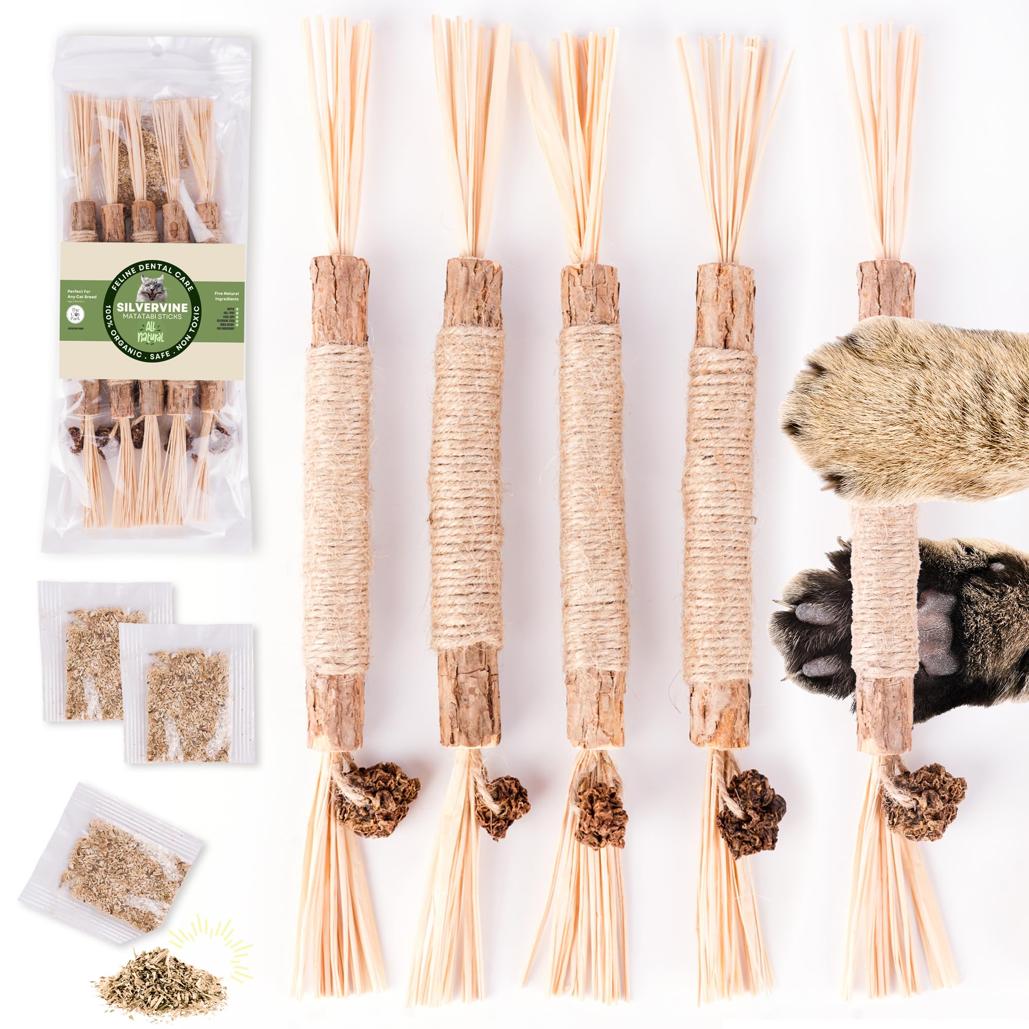 The Cat Park Silvervine Sticks five-pack on table offering chewing fun and stress relief for indoor cats.
