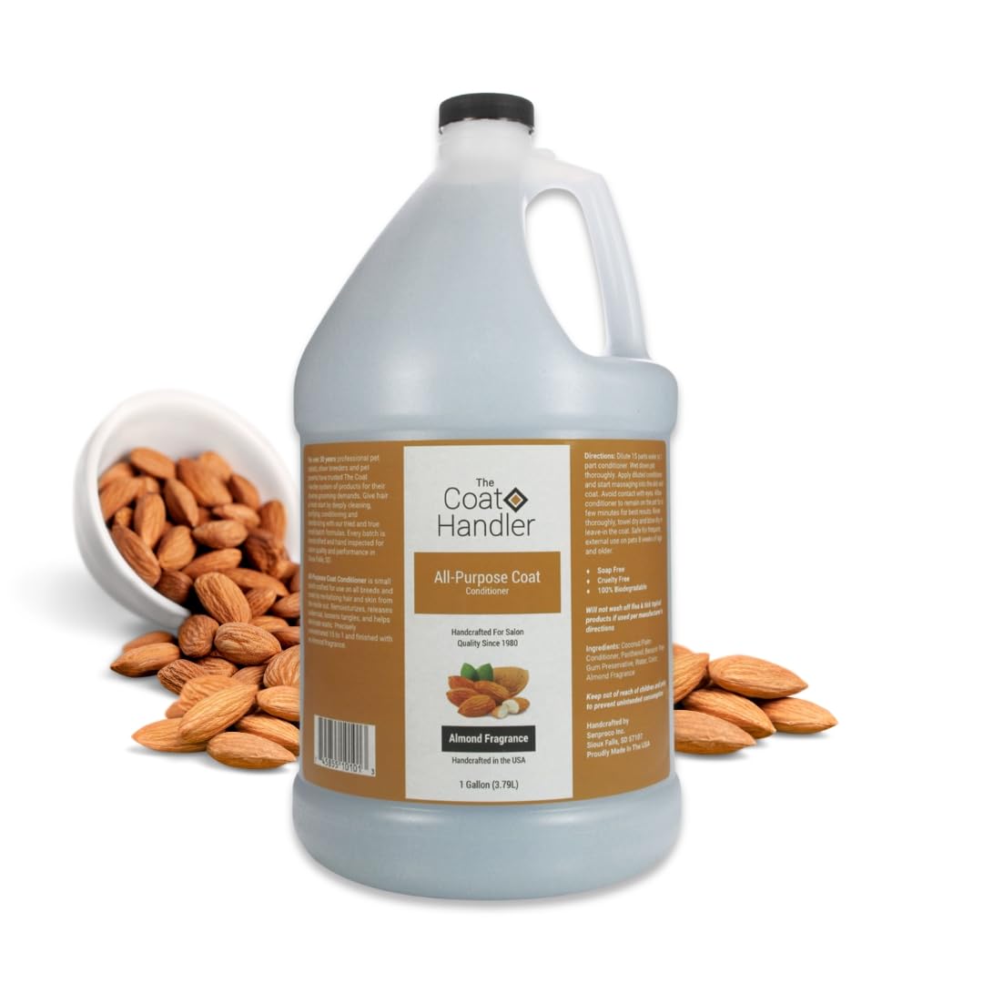 The Coat Handler gallon bottle label closeup highlighting natural ingredients for safe grooming