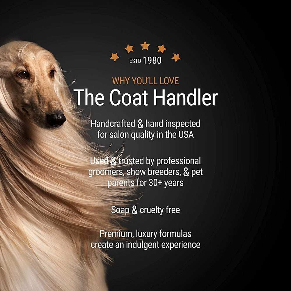 The Coat Handler Made in USA label signals natural, cruelty-free, biodegradable ingredients.
