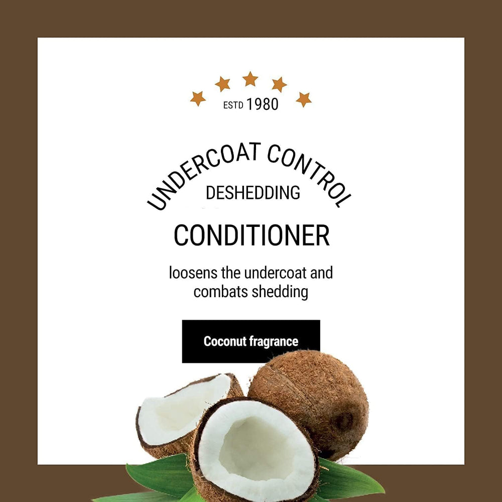 The Coat Handler Undercoat Control dilution bottle illustrates 16:1 concentrate for flexible grooming.