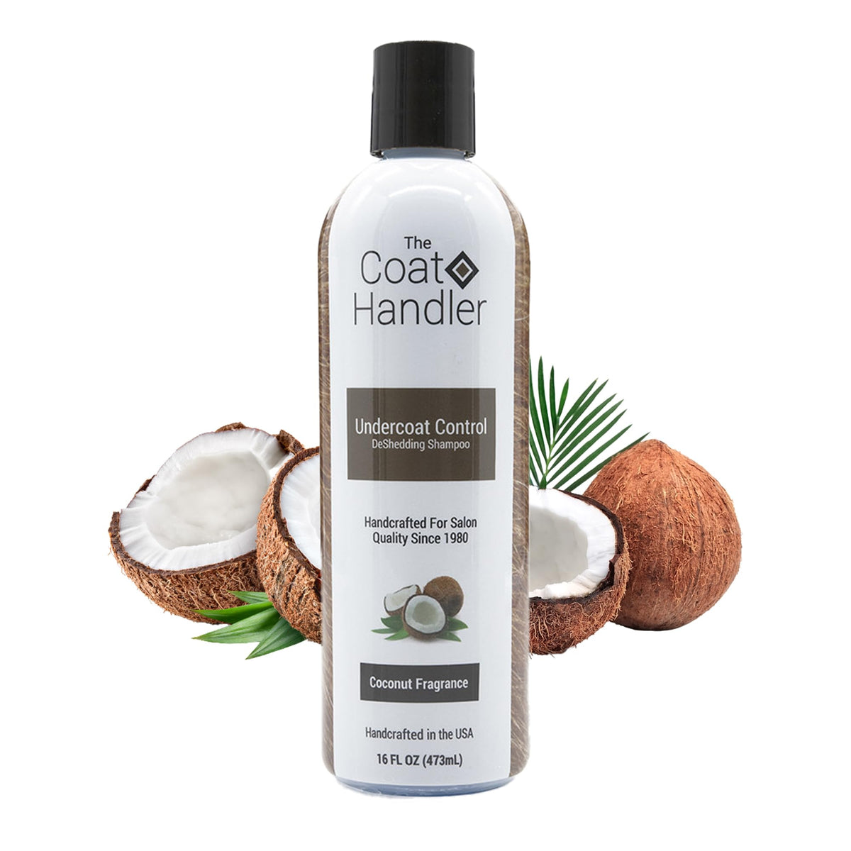 The Coat Handler Undercoat Control Shampoo bottle 16oz demonstrates deep-cleaning for shedding reduction.