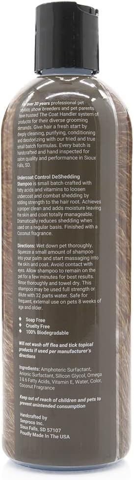 The Coat Handler Undercoat Control Shampoo pour action shows easy dilution for versatile grooming depth.