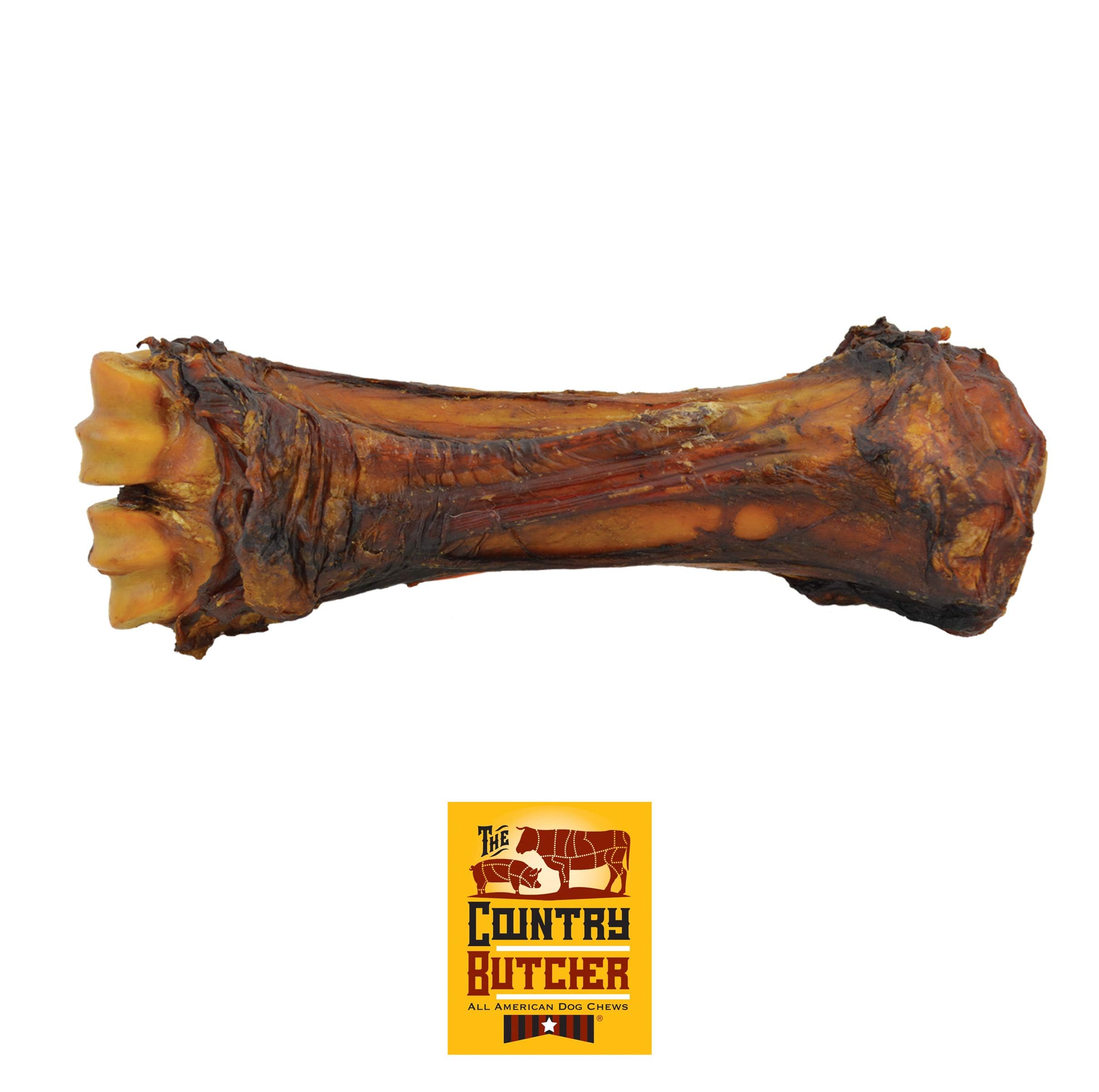 The Country Butcher beef shank bone ready for large dogs' long-lasting chew.