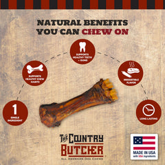 The Country Butcher beef shank bone in pack demonstrates durability for aggressive chewers.