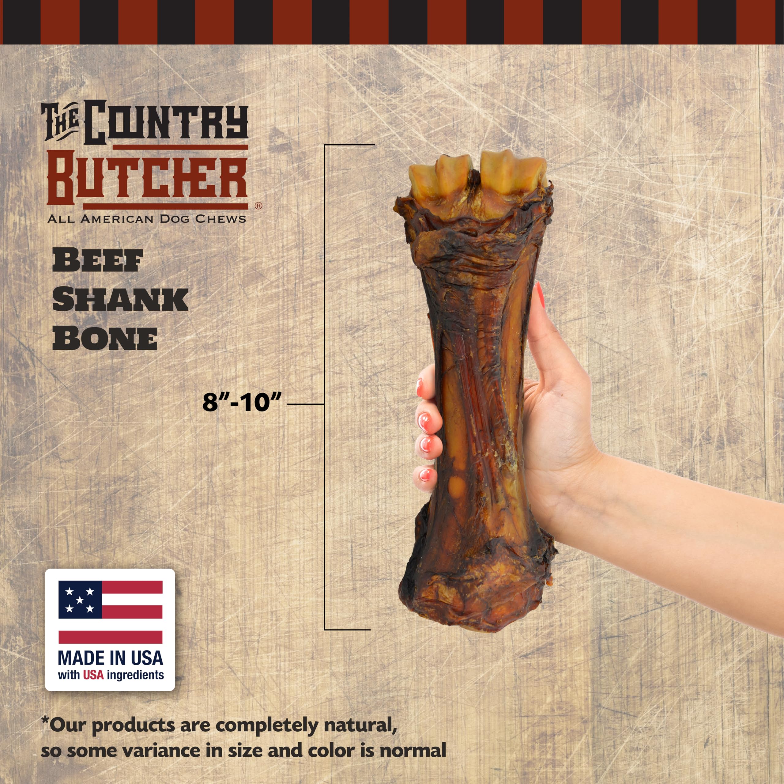 The Country Butcher beef shank dog bones close-up texture demonstrates rugged, long-lasting chewing appeal.