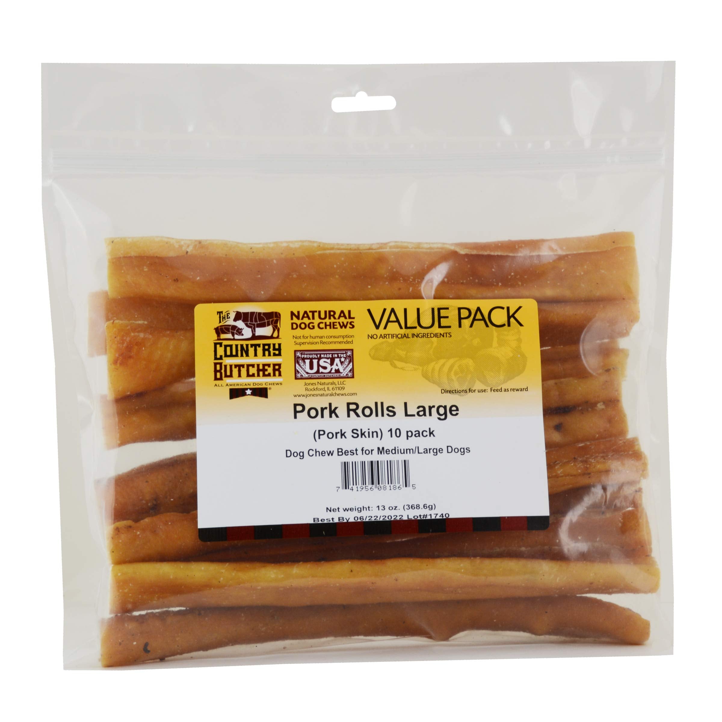 THE COUNTRY BUTCHER pork roll chew close-up highlights natural ingredients for a grain-free treat.
