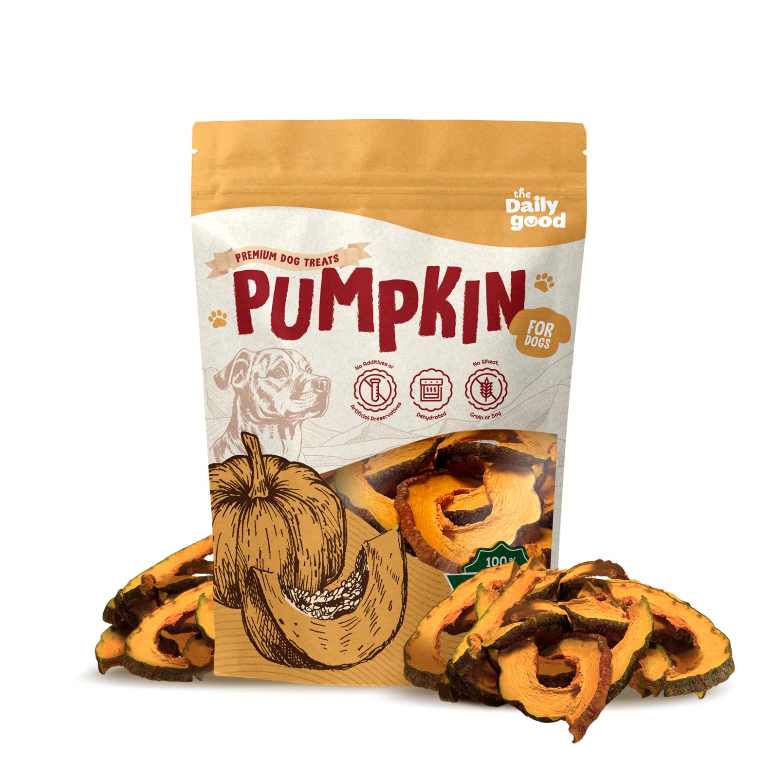 The Daily Good Pumpkin Chips packaging close-up showing a single-ingredient dog treat gentle on tummies.