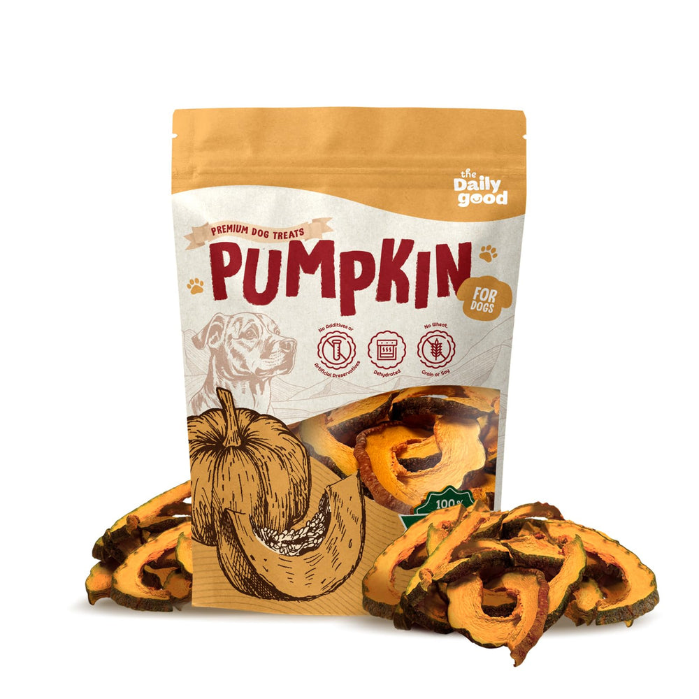 The Daily Good Pumpkin Chips packaging close-up showing a single-ingredient dog treat gentle on tummies.