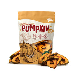 The Daily Good Pumpkin Chips packaging close-up showing a single-ingredient dog treat gentle on tummies.