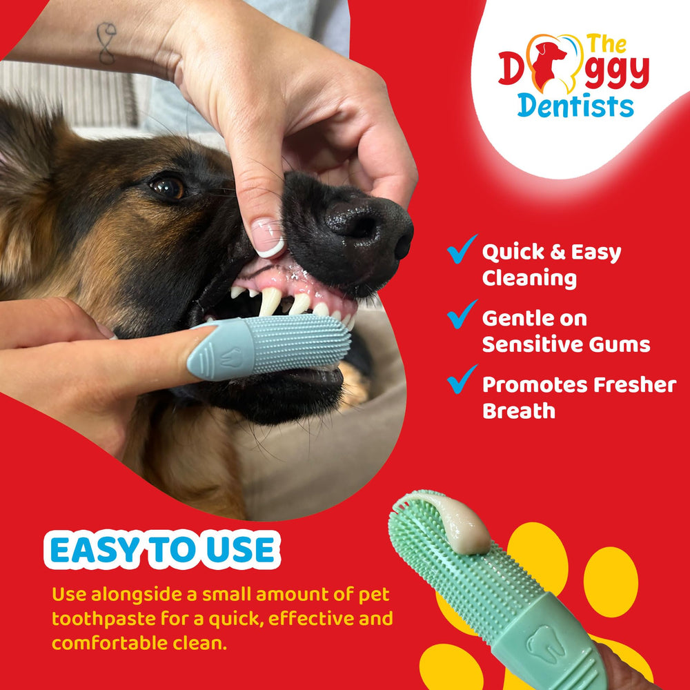 The Doggy Dentists 360-bristle design helps reach back teeth during quick brushing.