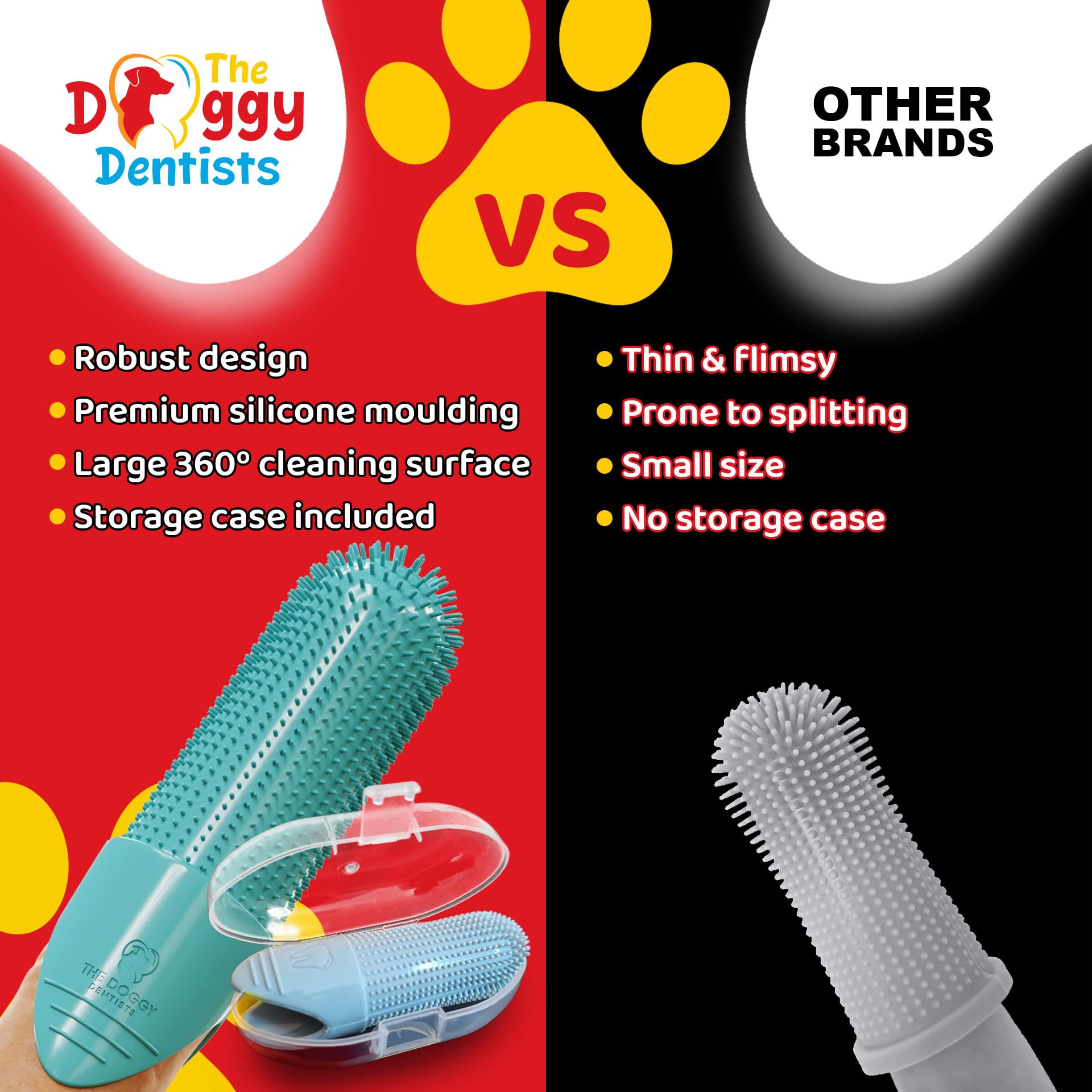 The Doggy Dentists BPA-free silicone brush ensures safe, pet-friendly brushing experiences.