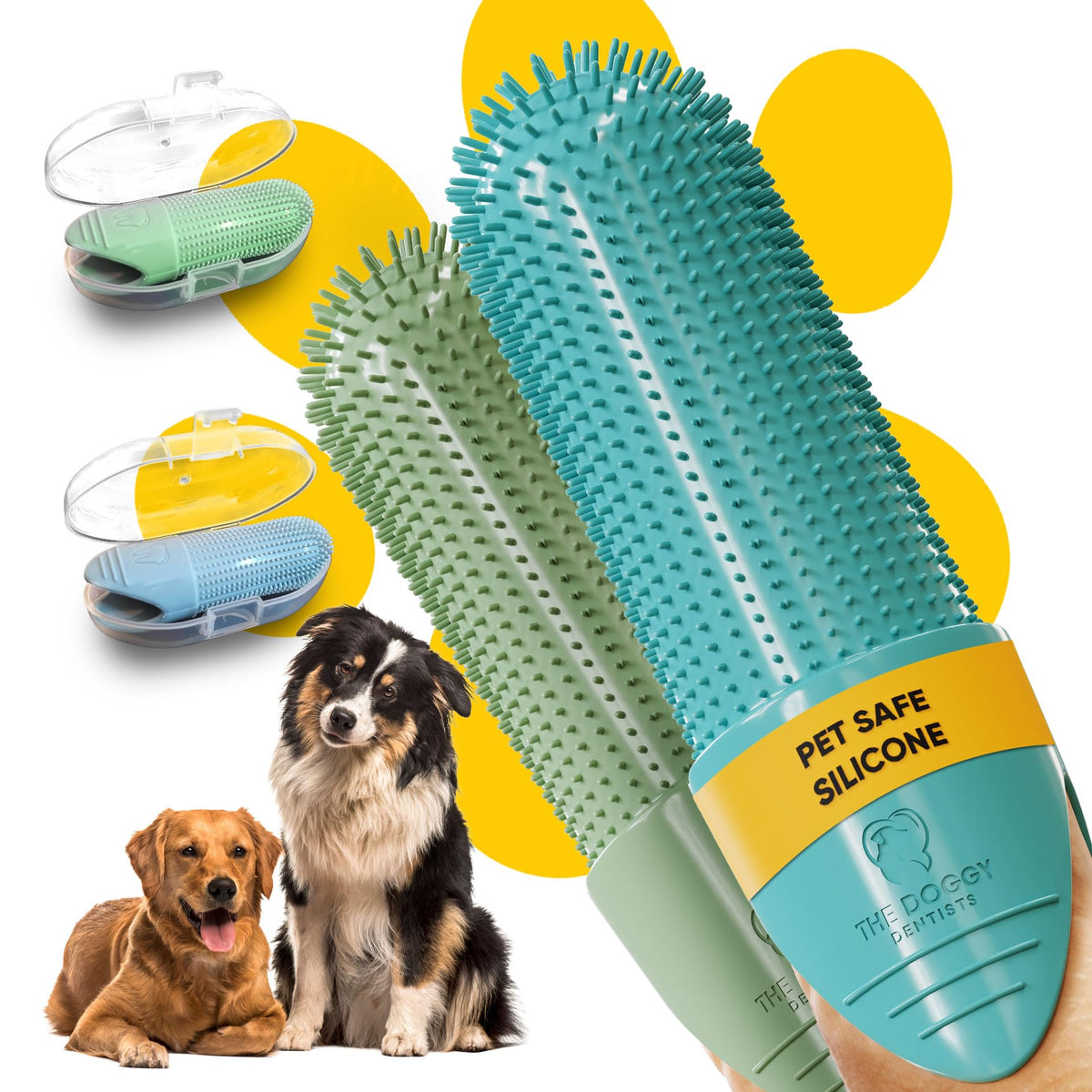 The Doggy Dentists dog-cat toothbrush pack with storage case for convenient brushing sessions.