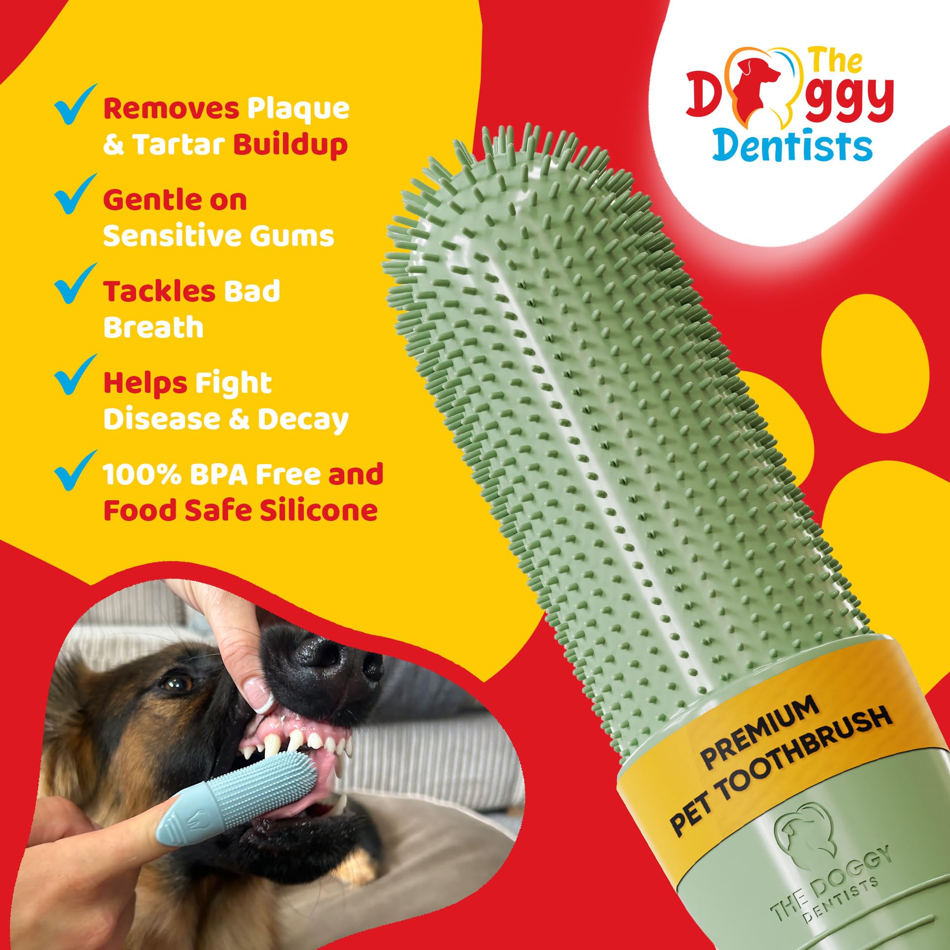 The Doggy Dentists finger toothbrush with 360° bristles ready for easy reach and gentle cleaning.