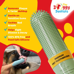 The Doggy Dentists finger toothbrush with 360° bristles ready for easy reach and gentle cleaning.