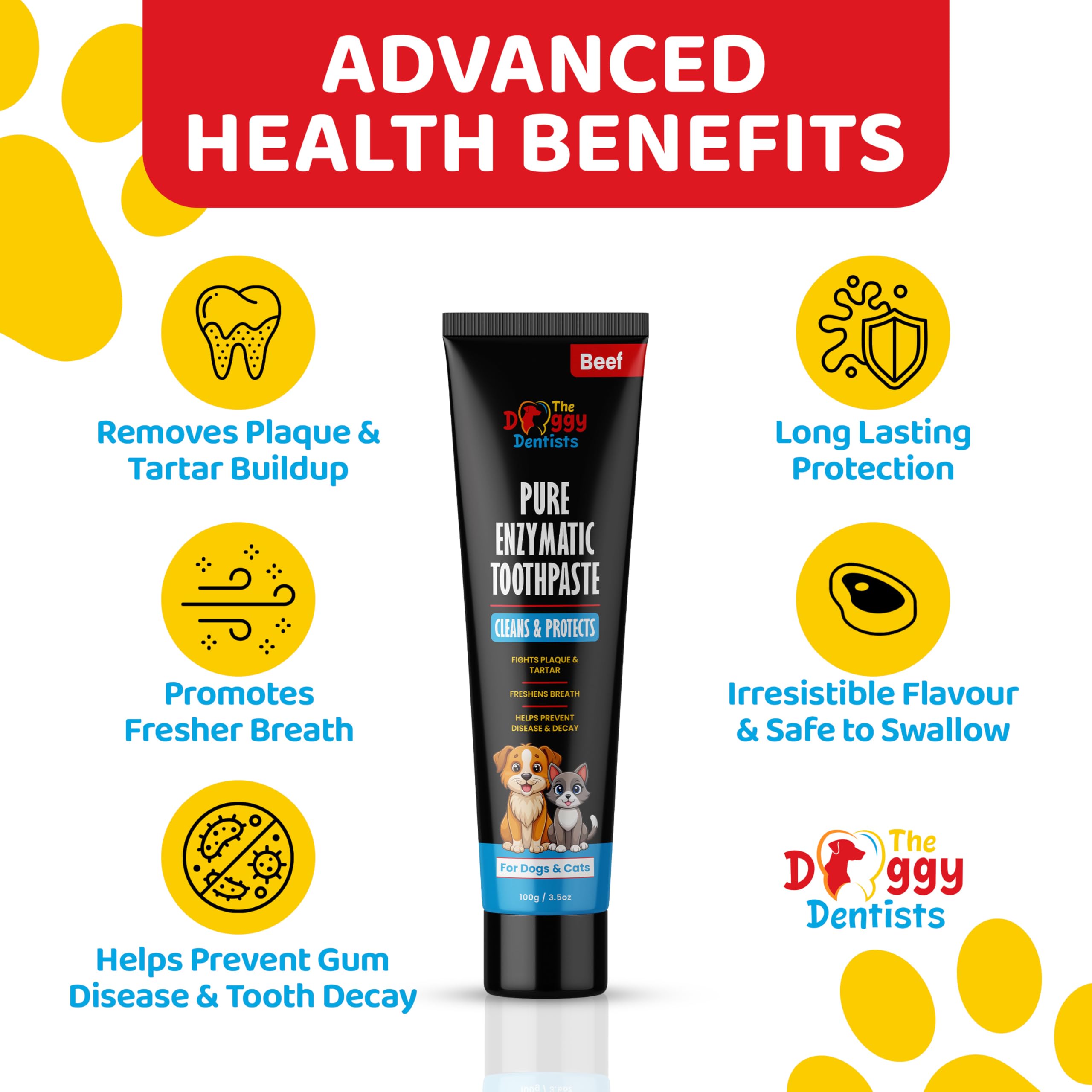 The Doggy Dentists toothpaste contains green tea extract and propolis for gentle cleansing.