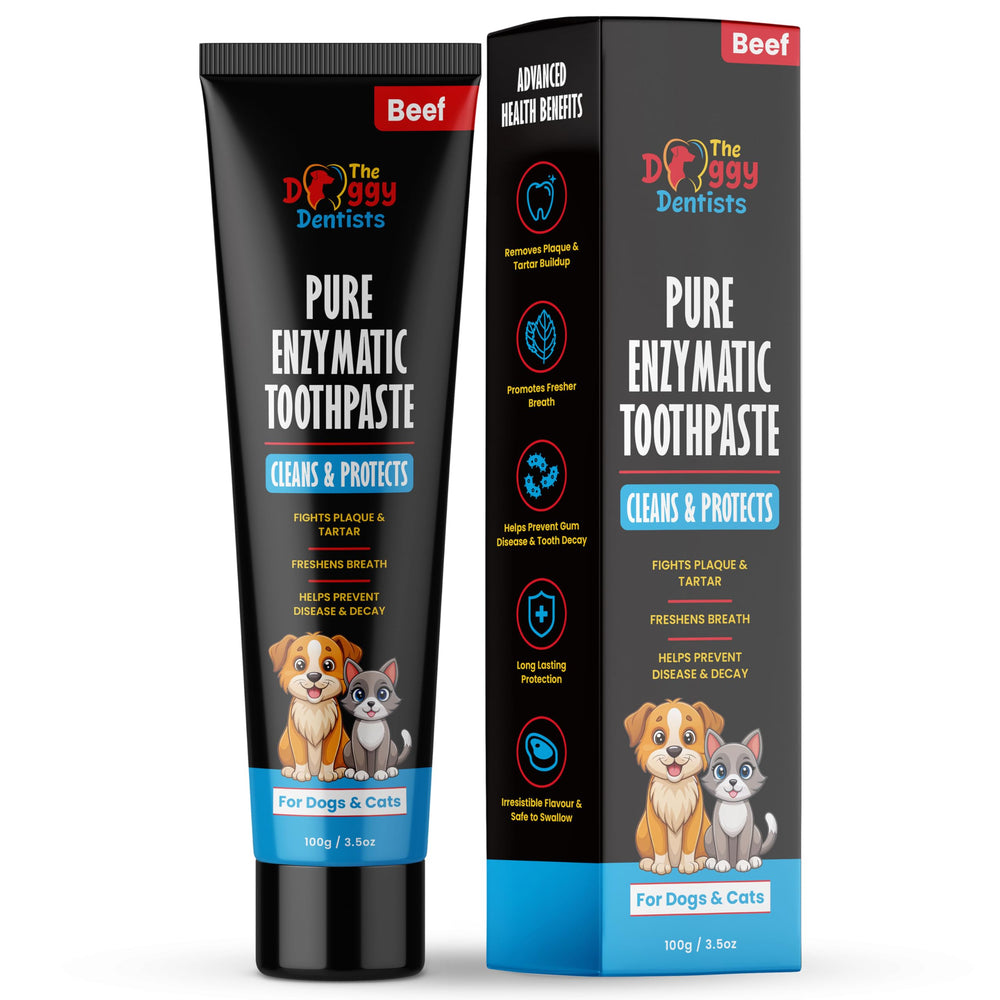 The Doggy Dentists beef toothpaste tube, ready for daily brushing to support fresher breath.