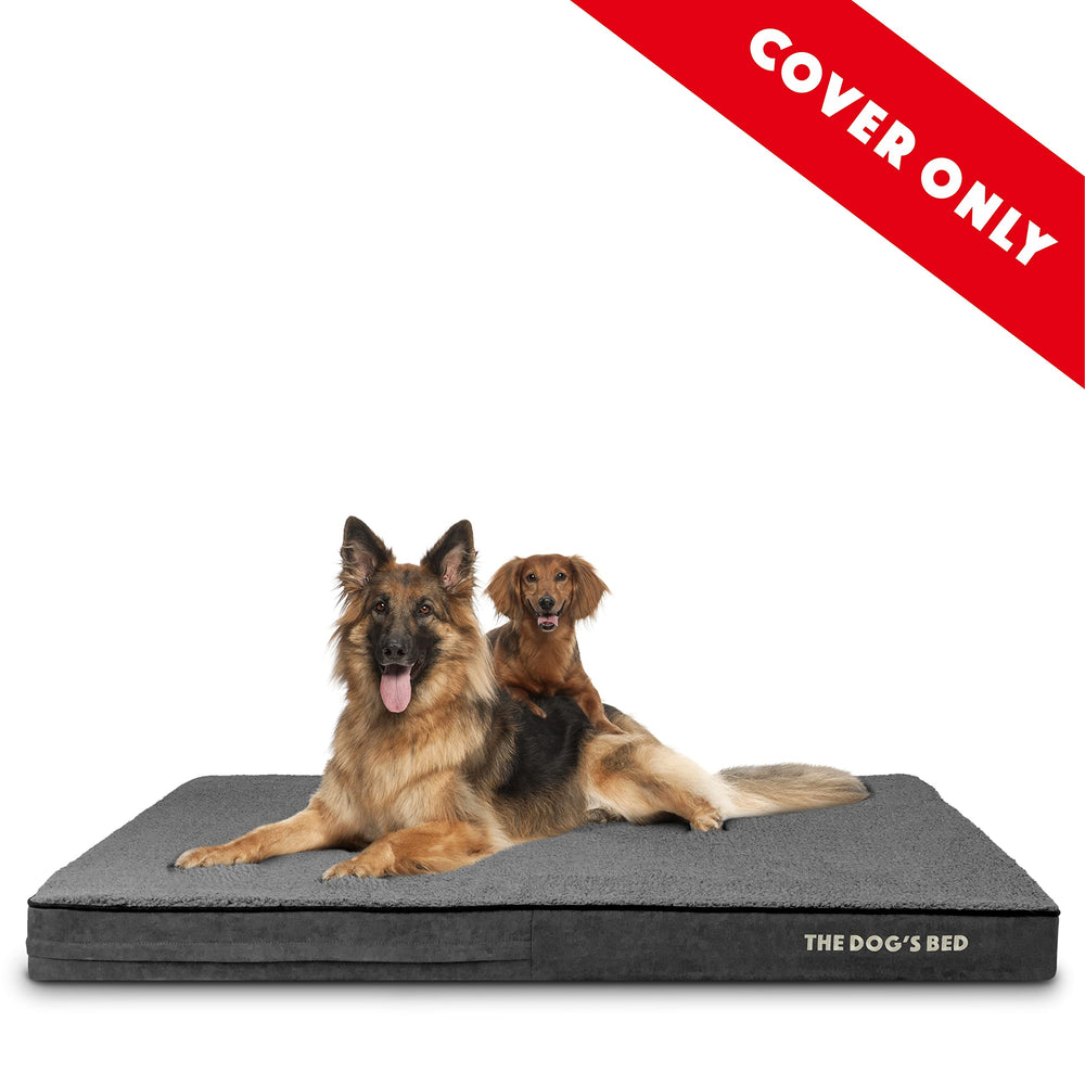 The Dog's Balls dog bed outer cover grey plush zipper closeup emphasizes easy-clean access