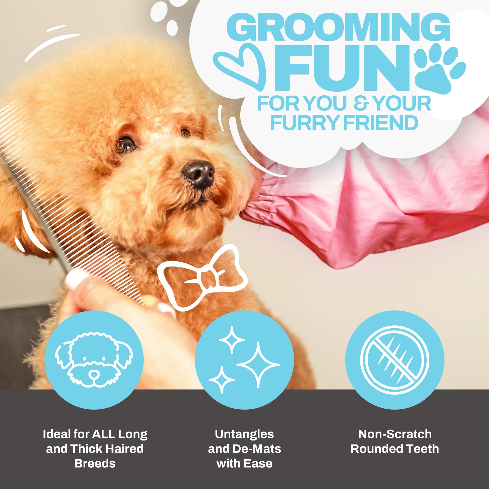 The Doodle Brush ergonomic handle dog comb offering comfortable grip during grooming
