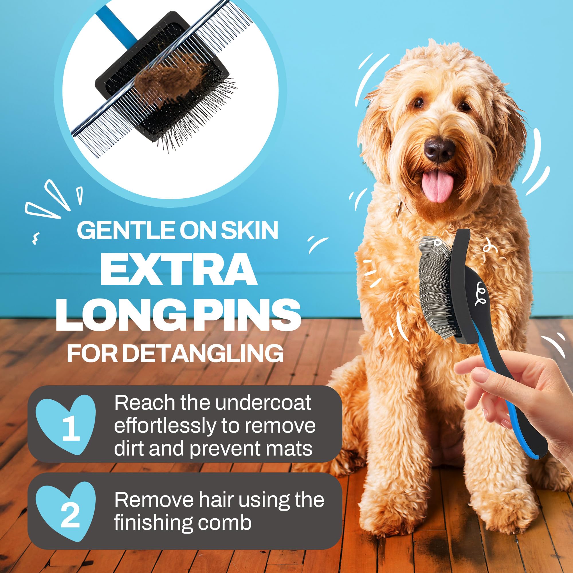 The Doodle Brush Goldendoodle coat close-up shows shiny, healthy-looking fur after grooming.