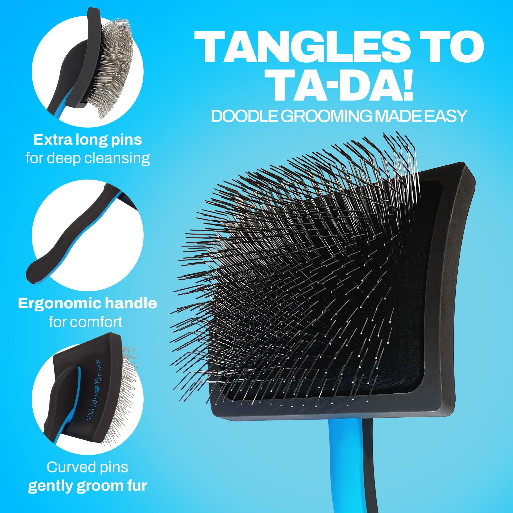 The Doodle Brush ergonomic-handle close-up emphasizes comfortable grooming during longer sessions.