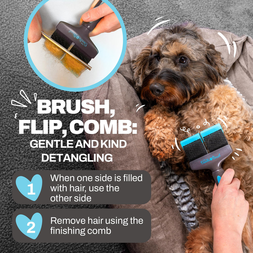 The Doodle Brush Slicker Brush brushing a matted coat for smoother fur.