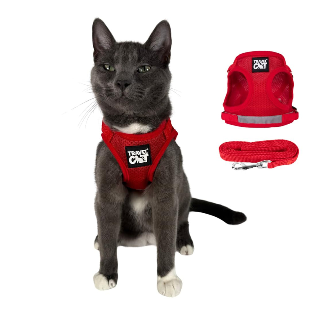 The Fat Cat Travel Cat Harness Red large front view for secure outdoor walks.