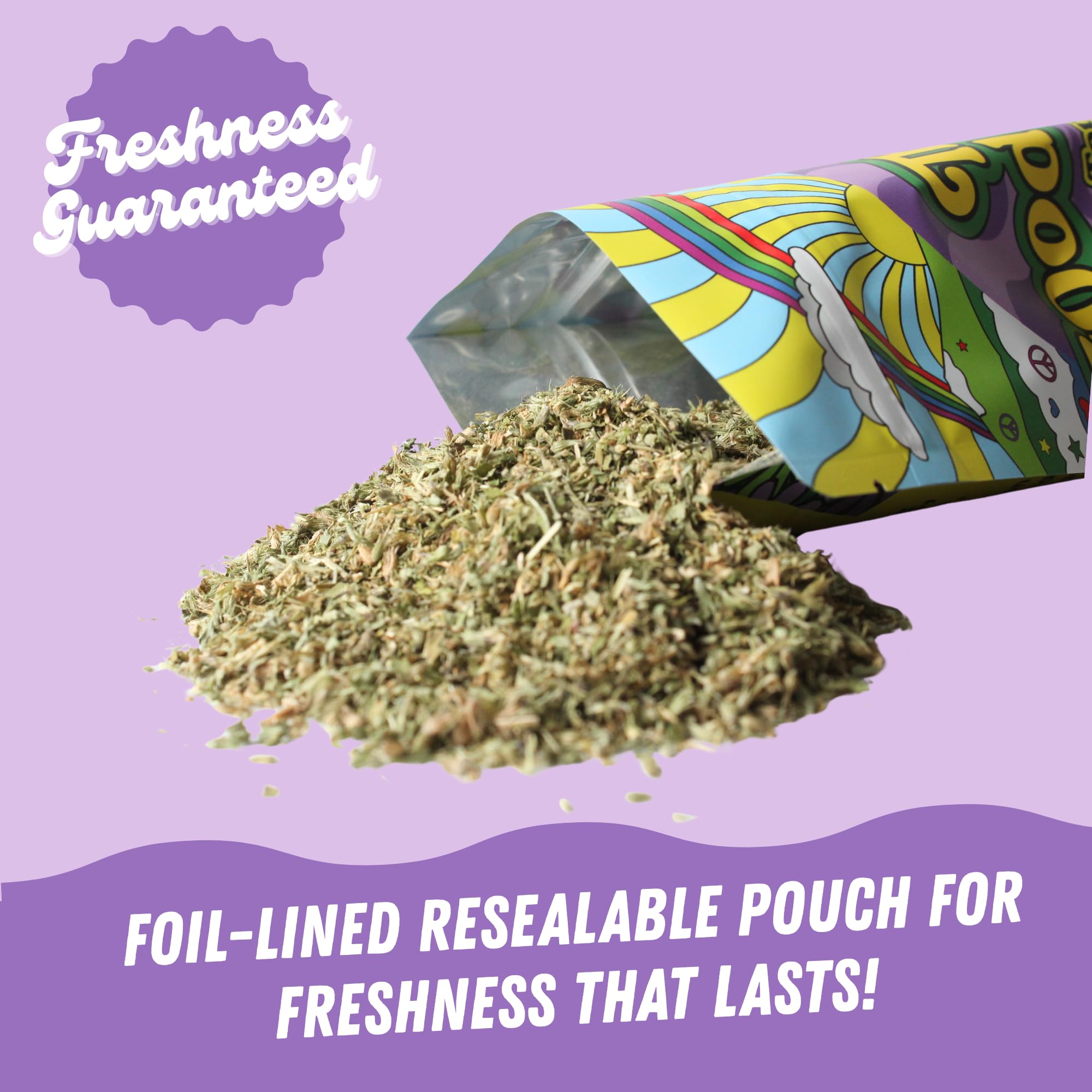 The Good Stuff Catnip loose-cut being poured for instant playtime with cats.