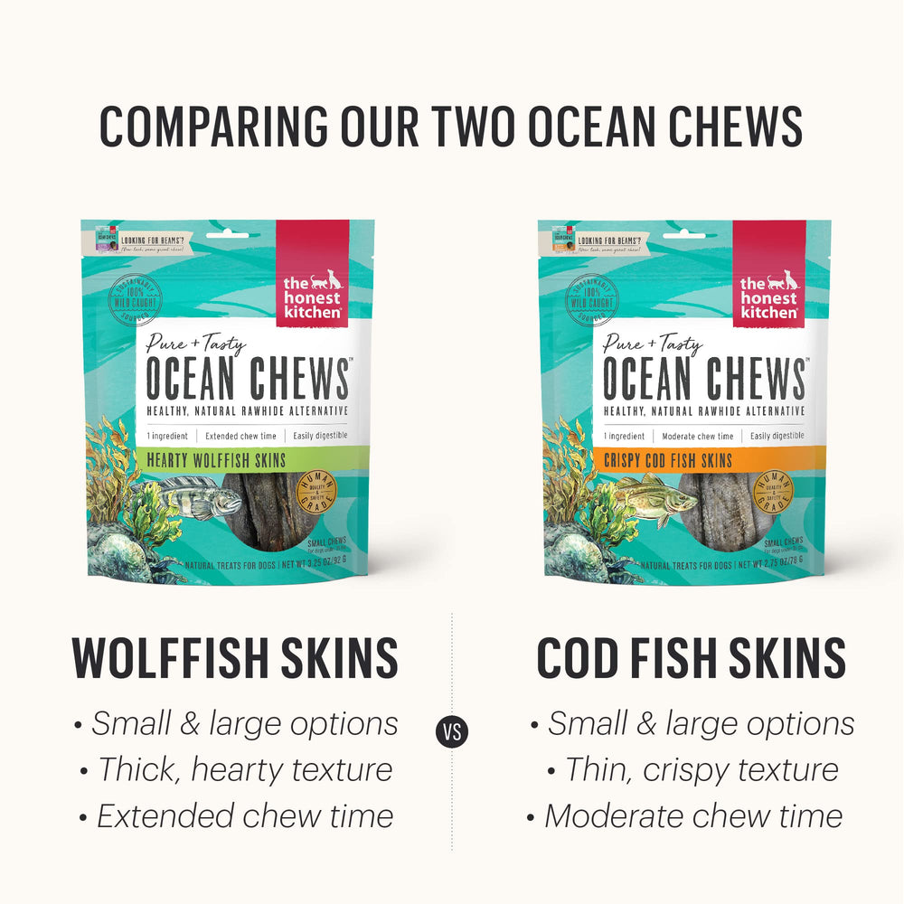 The Honest Kitchen Ocean Chews wolffish skins image shows wild-caught wolffish ingredients.