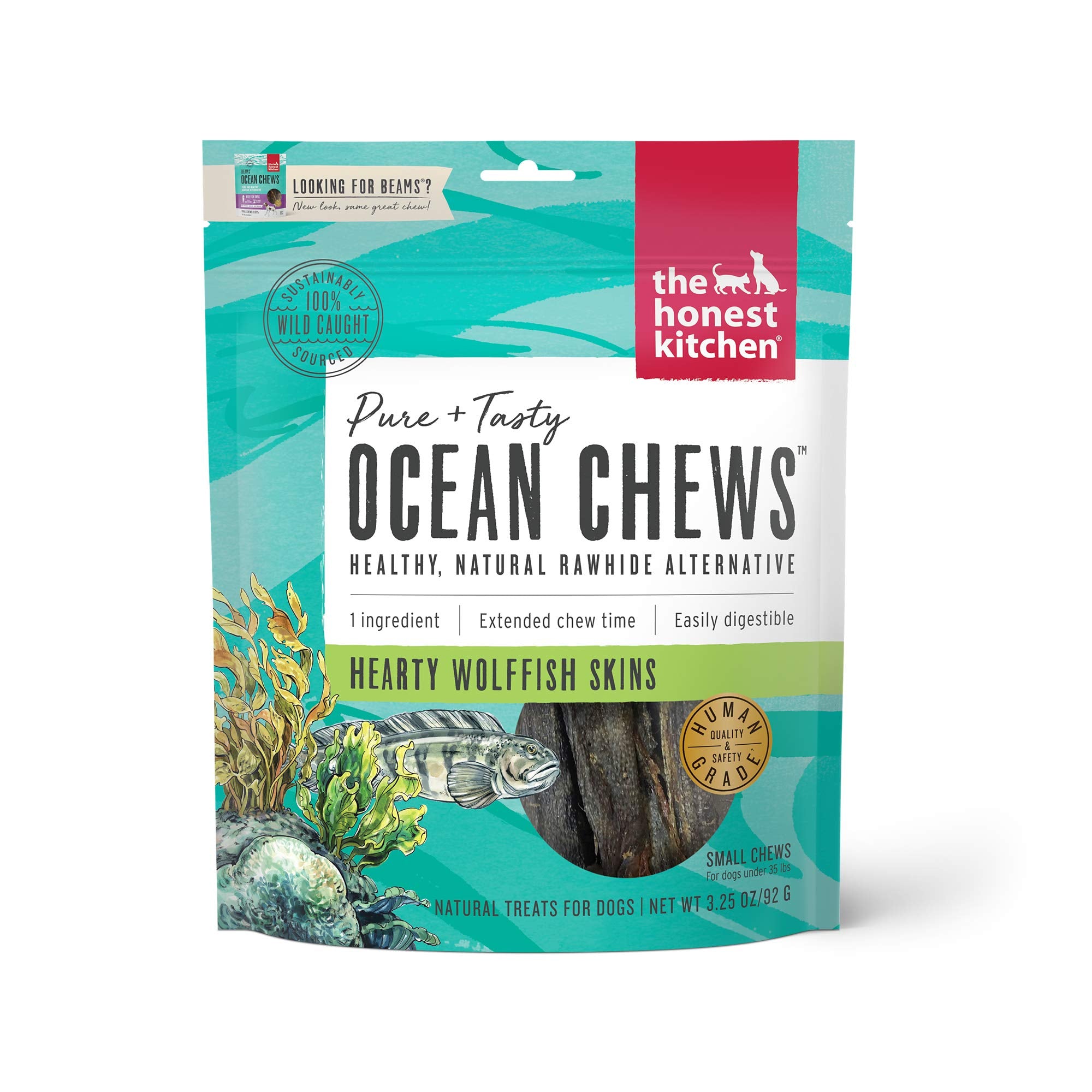 The Honest Kitchen Ocean Chews wolffish skins packaging highlights sustainable sourcing and human-grade standards.