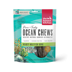 The Honest Kitchen Ocean Chews wolffish skins packaging highlights sustainable sourcing and human-grade standards.