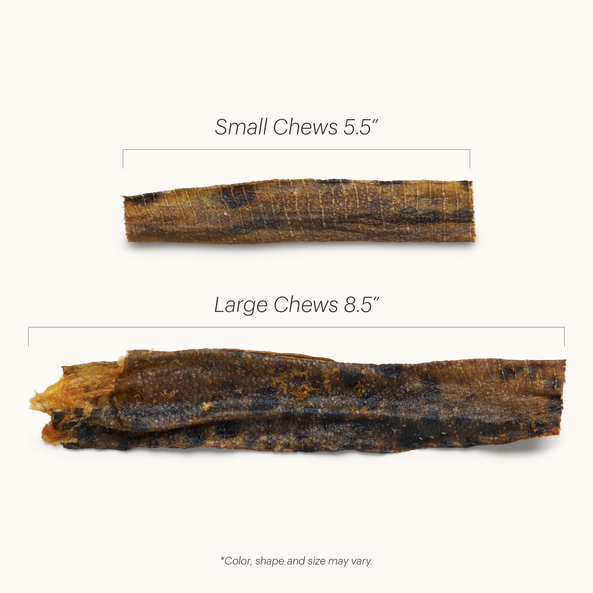 The Honest Kitchen Ocean Chews wolffish skins two-sizes option shows small and large dog suitability.