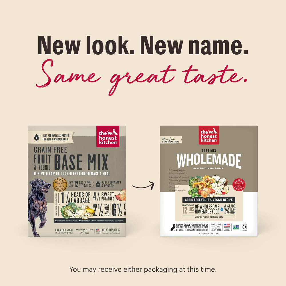 The Honest Kitchen Wholemade base mix with scoop illustrates easy portioning for meals.