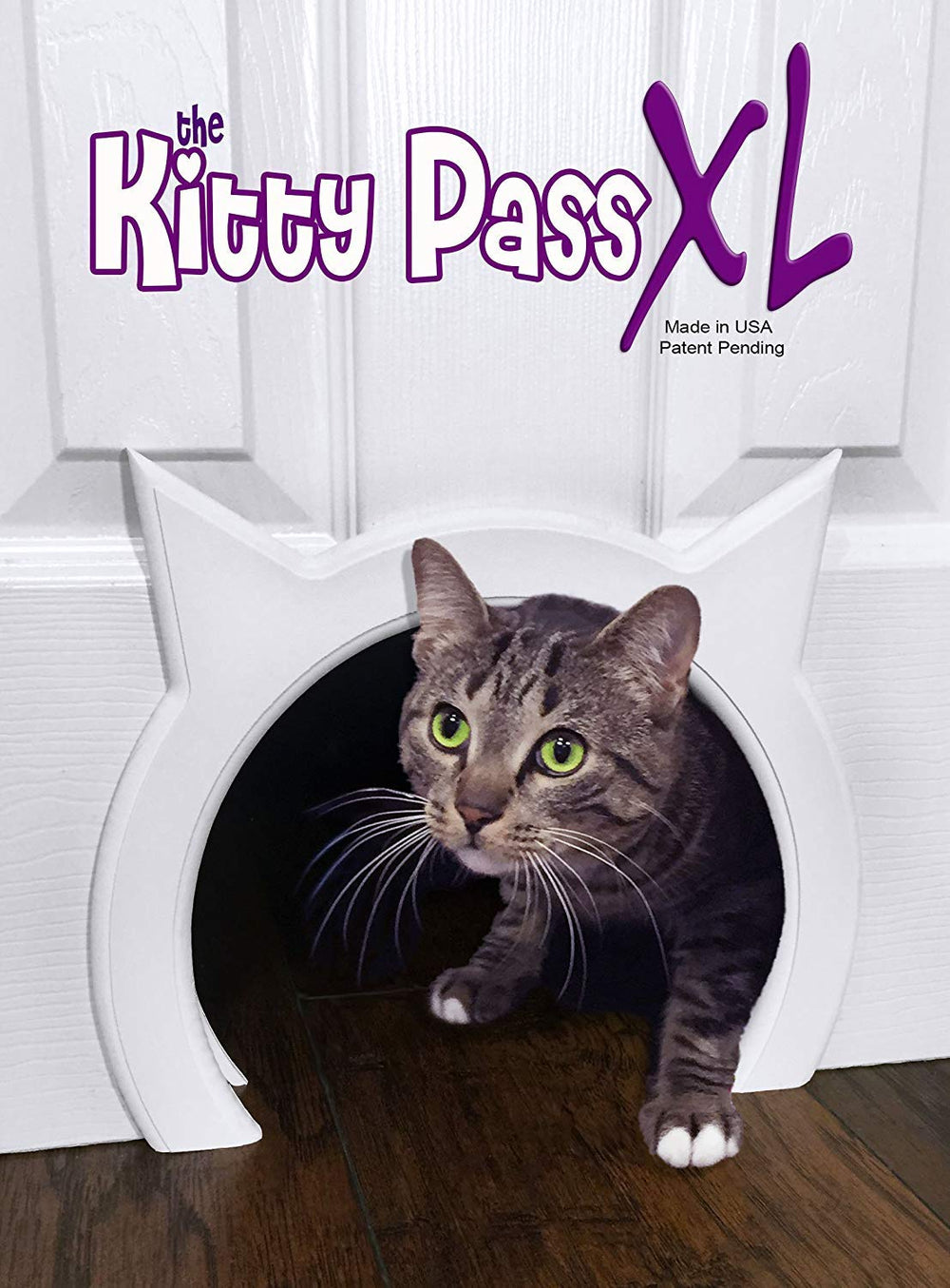 The Kitty Pass XL front view shows a tidy, finished cat door that fits interiors.