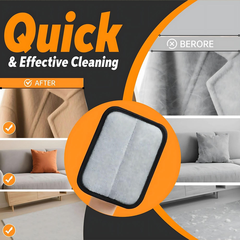 The Magic Brush glove on a sofa shows quick fur pickup for a cleaner living room