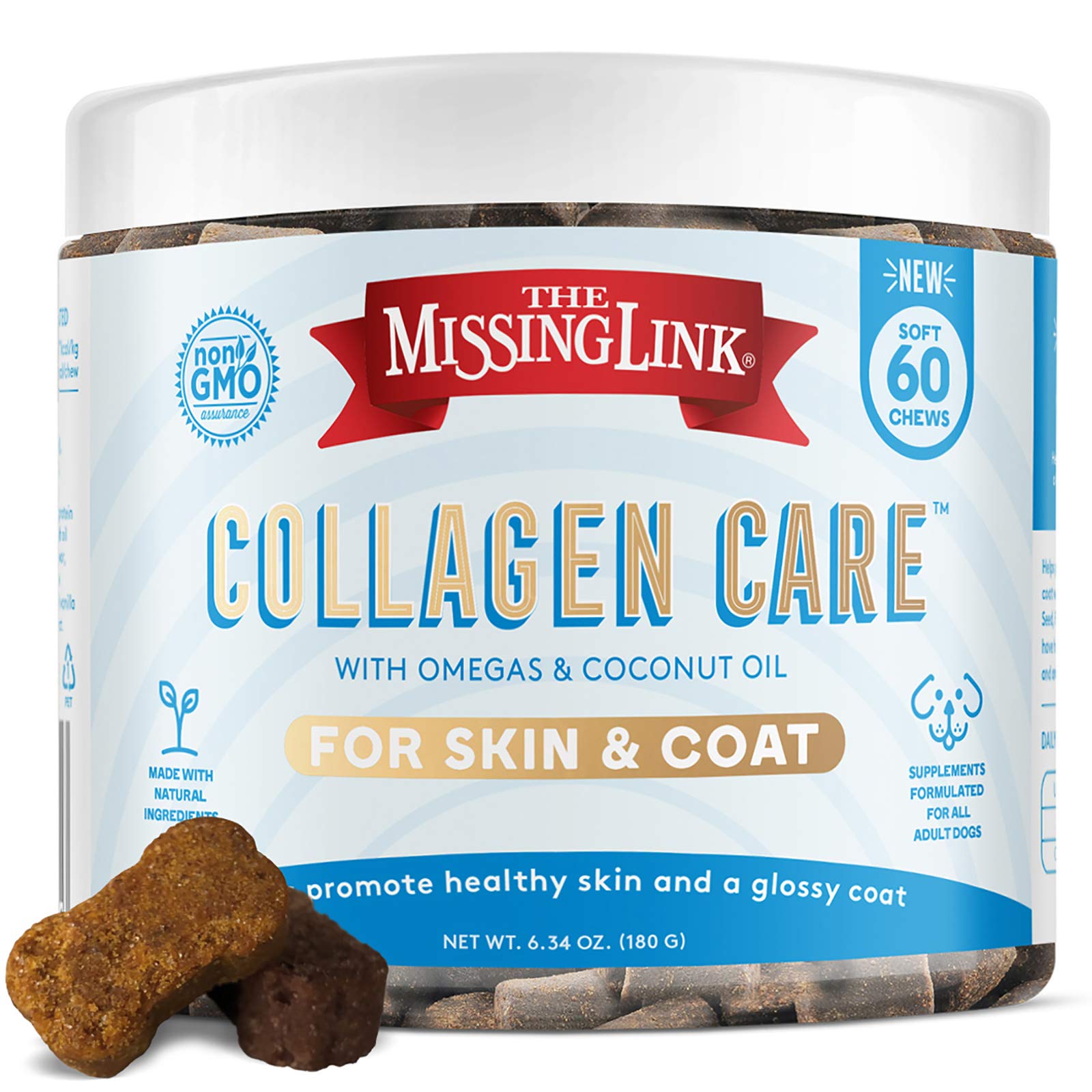 The Missing Link Collagen Care bottle front promotes daily skin and coat support for dogs.