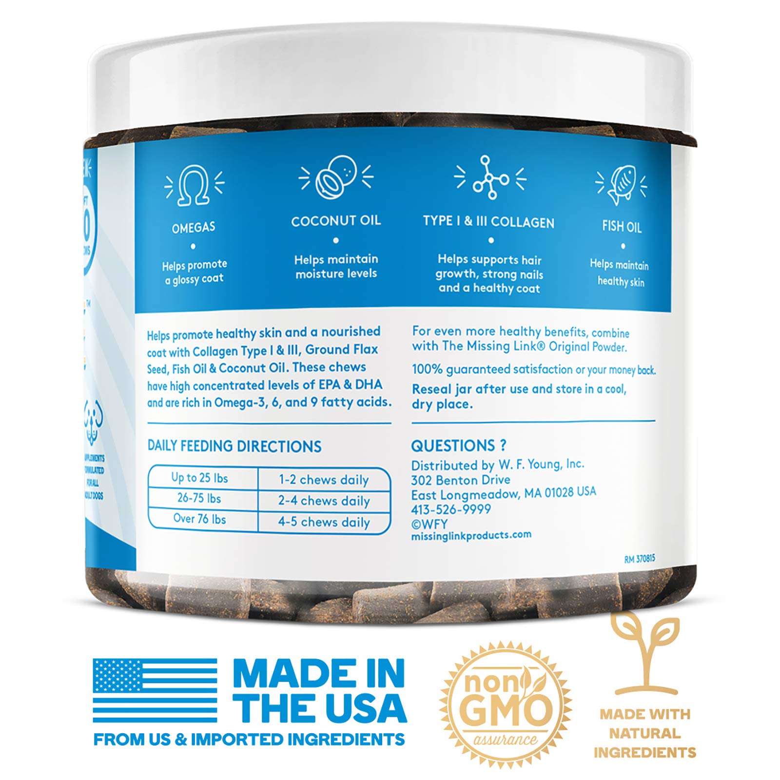 The Missing Link Collagen Care chews beside a glossy-coated dog imply coat shine and moisture.