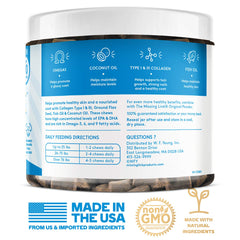 The Missing Link Collagen Care chews beside a glossy-coated dog imply coat shine and moisture.