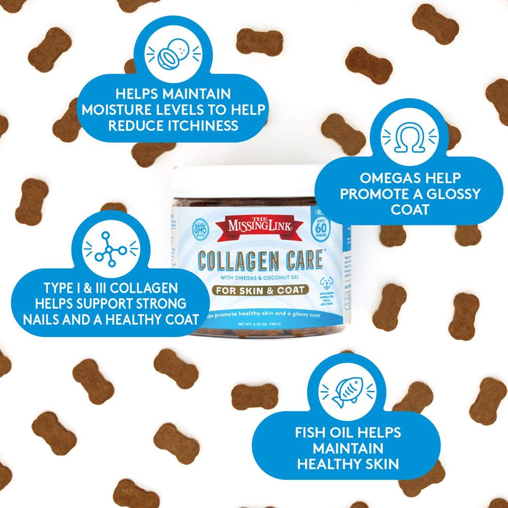 The Missing Link Collagen Care soft chews on a kitchen counter suggest easy daily use for dogs.