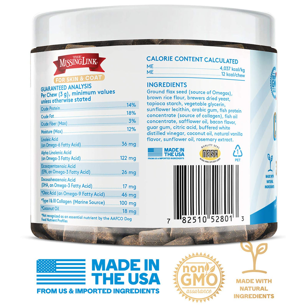 The Missing Link Collagen Care packaging showcases U.S.-made quality for pet health.