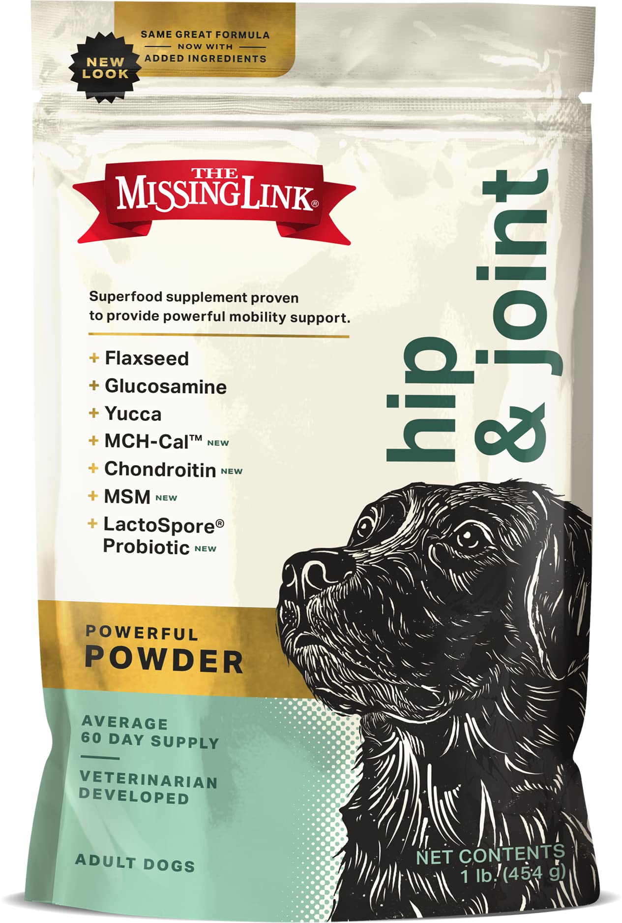 The Missing Link hip & joint probiotic bag front shows veterinarian-formulated support for dogs